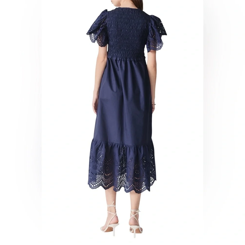 Deluc Avis Smocked Midi Dress Blue Embroidered Ruffle Pockets NWT M - Picture 3 of 14